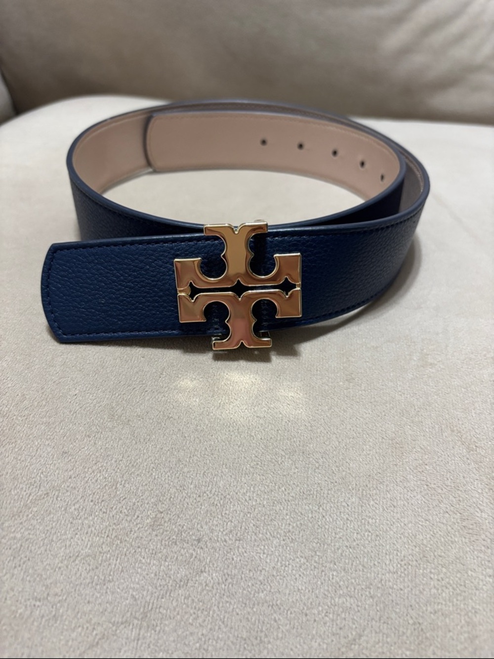 Tory Burch Navy Leather Belt with Gold Logo Buckle